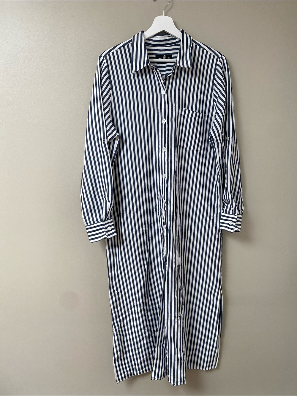 Fifteen Twenty Navy & White Vertical Stripe Long Sleeve Linen Maxi Shirt Dress L